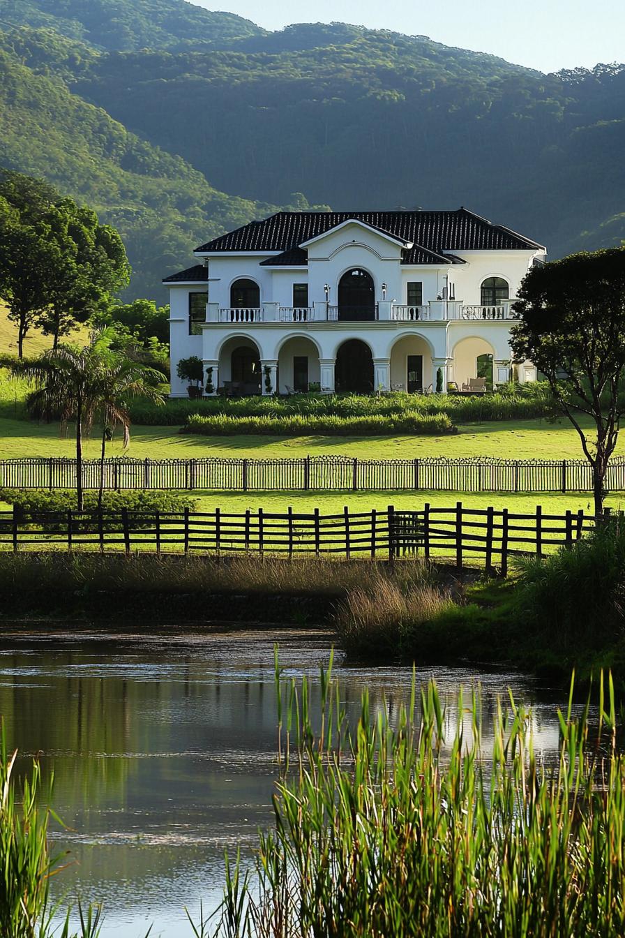 Elegant white mansion on expansive green landscape with a picturesque pond