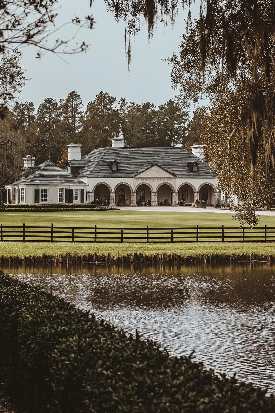 Large country house with arches by a pond