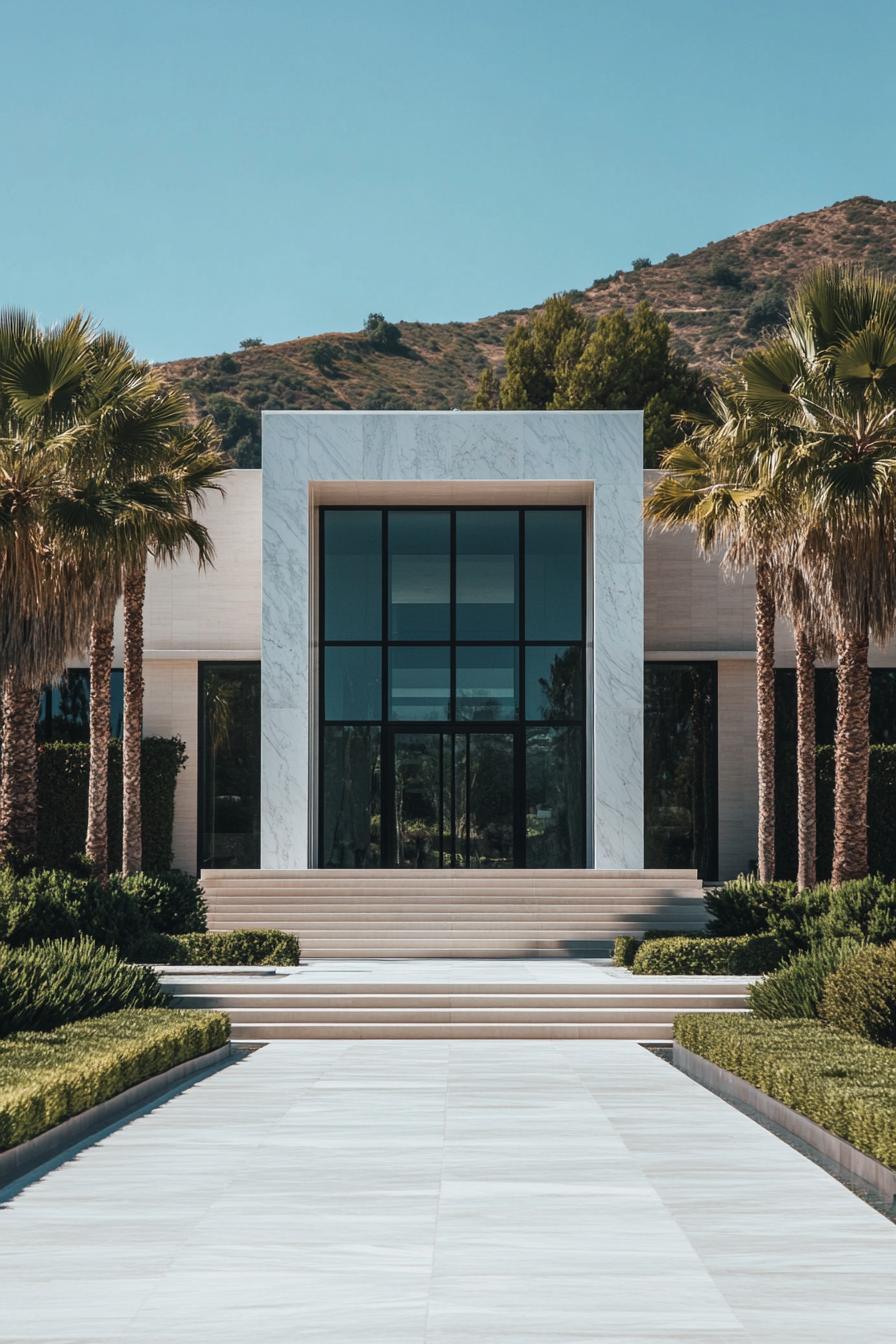 front view of a modern mansion symmetrical facade main entrance glass wall split level white marble siding steps in front with paved pathway tall 1