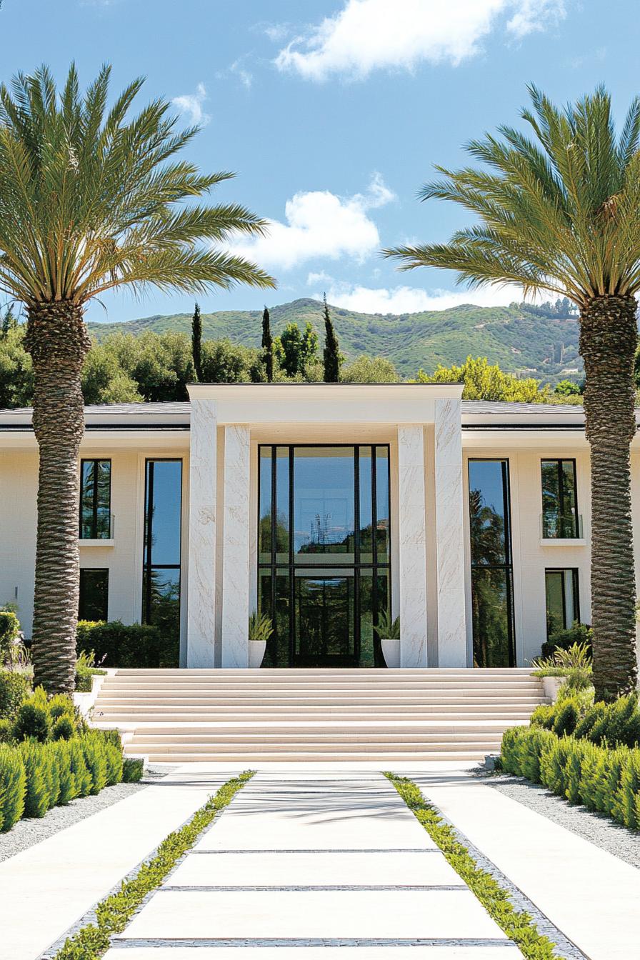 front view of a modern mansion symmetrical facade main entrance glass wall split level white marble siding steps in front with paved pathway tall 2