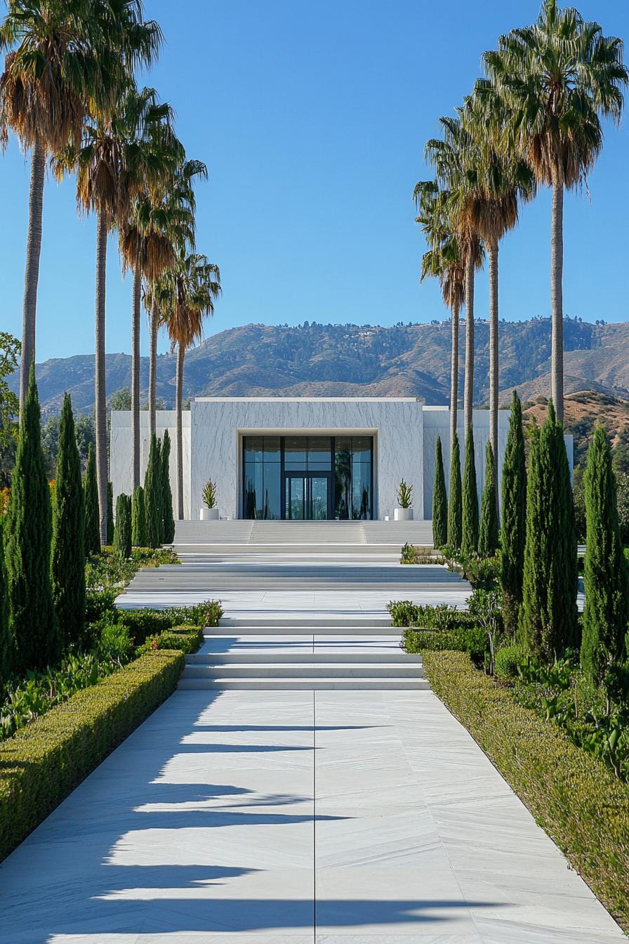 front view of a modern mansion symmetrical facade main entrance glass wall split level white marble siding steps in front with paved pathway tall 3