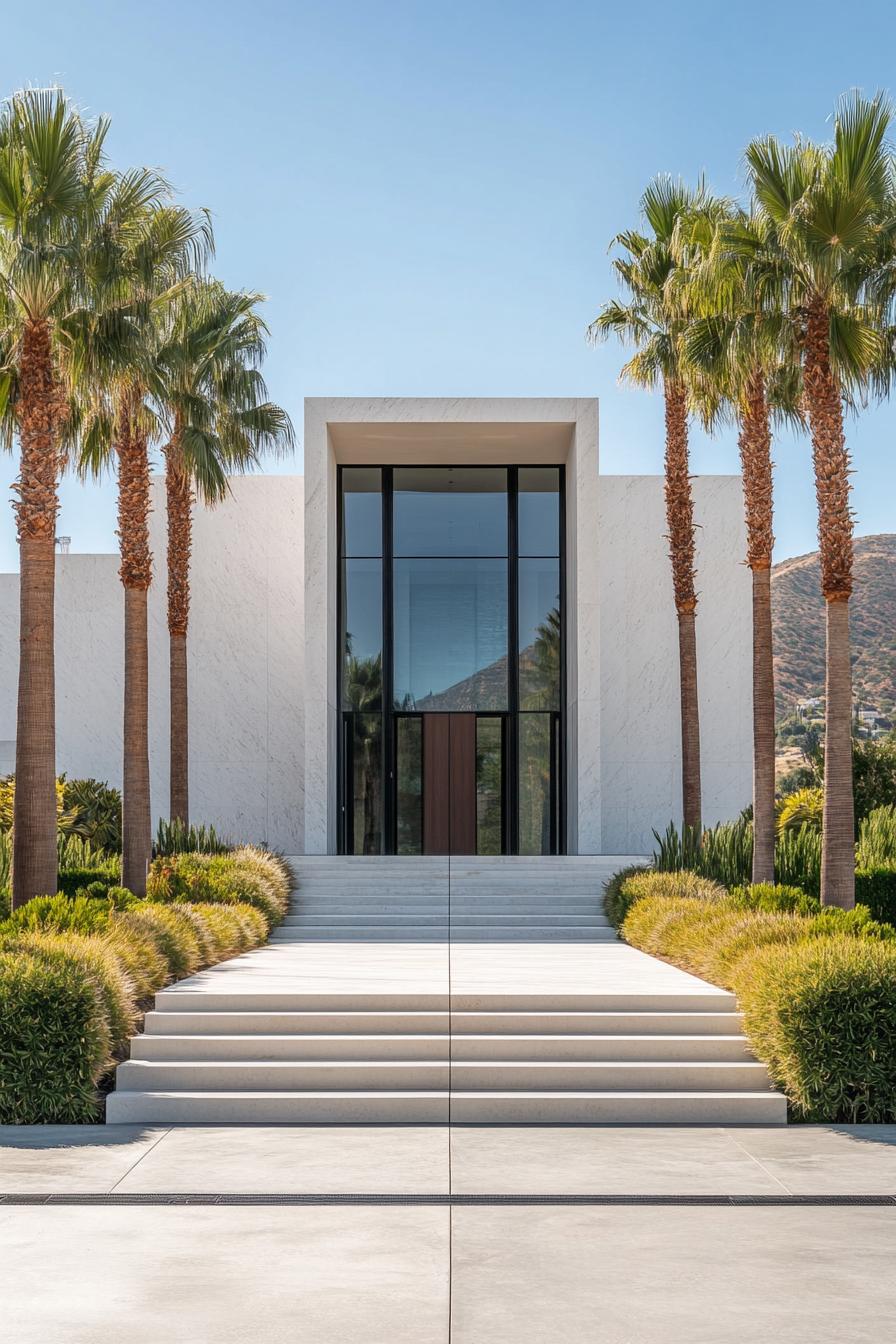 front view of a modern mansion symmetrical facade main entrance glass wall split level white marble siding steps in front with paved pathway tall