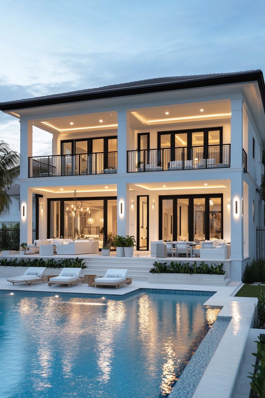 frontal view of a modern white villa house with large second floor terraces and glass railings large black trim windows large eaves with LED lights 1