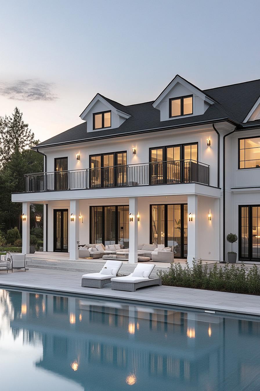 frontal view of a modern white villa house with large second floor terraces and glass railings large black trim windows large eaves with LED lights 2