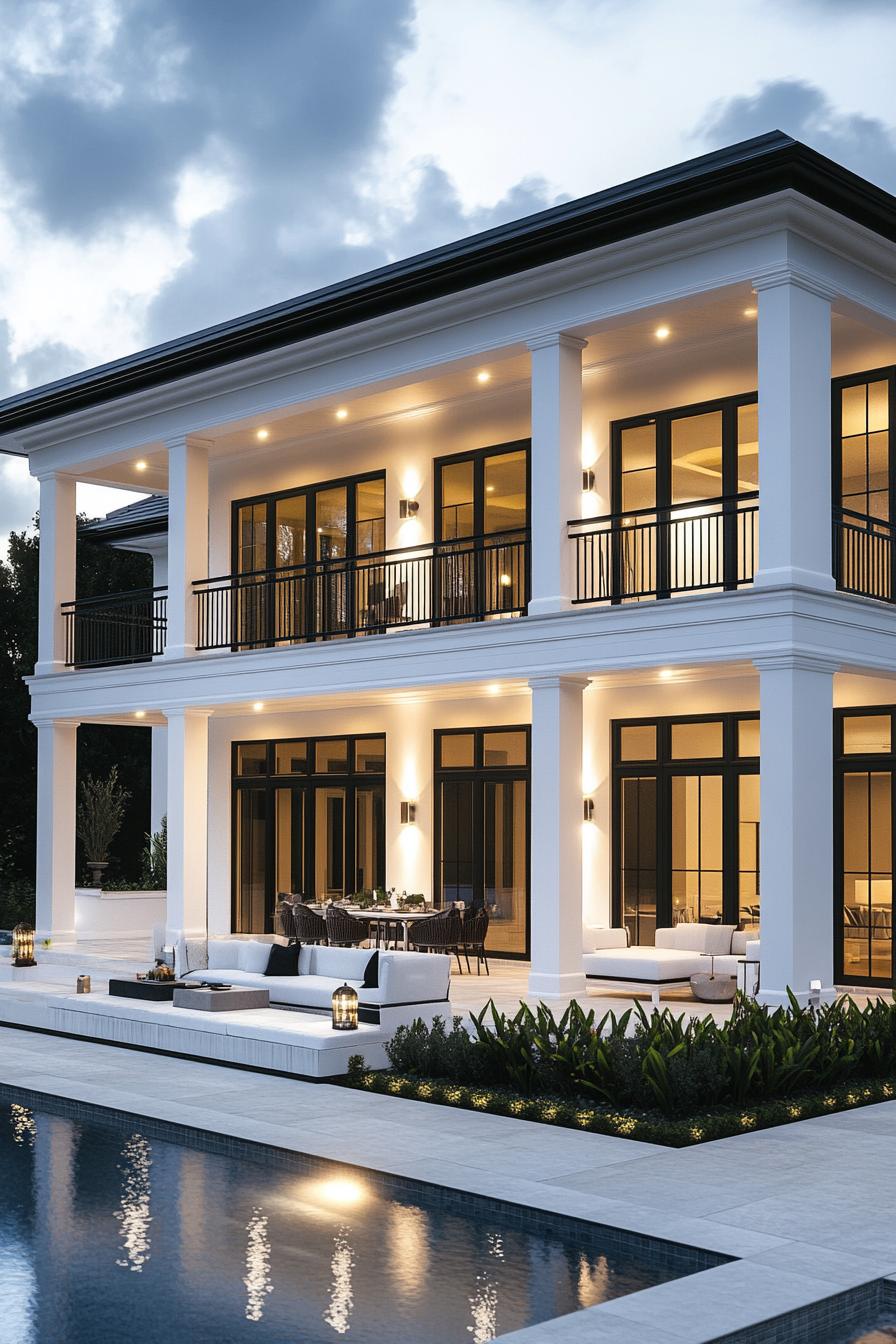 frontal view of a modern white villa house with large second floor terraces and glass railings large black trim windows large eaves with LED lights 3