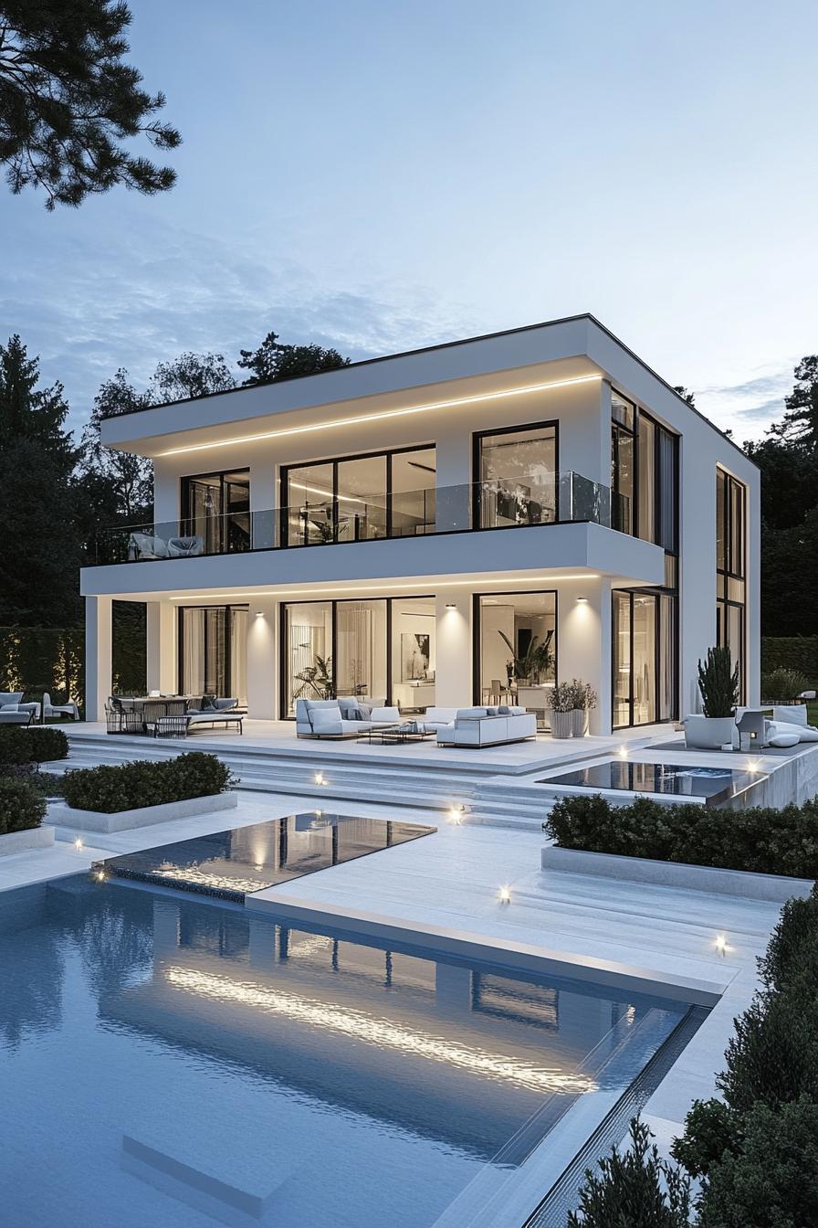 frontal view of a modern white villa house with large second floor terraces and glass railings large black trim windows large eaves with LED lights