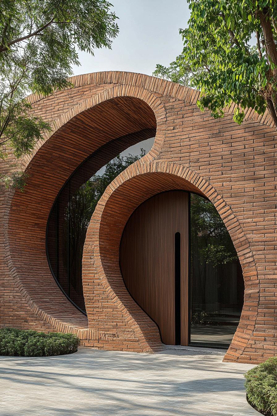 geometric house facade with spiral shaped brick arch doorway 1