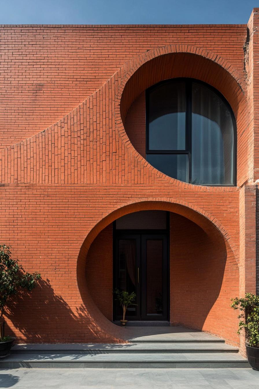 geometric house facade with spiral shaped brick arch doorway 2