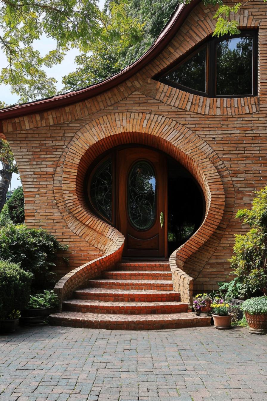 geometric house facade with spiral shaped brick arch doorway 3