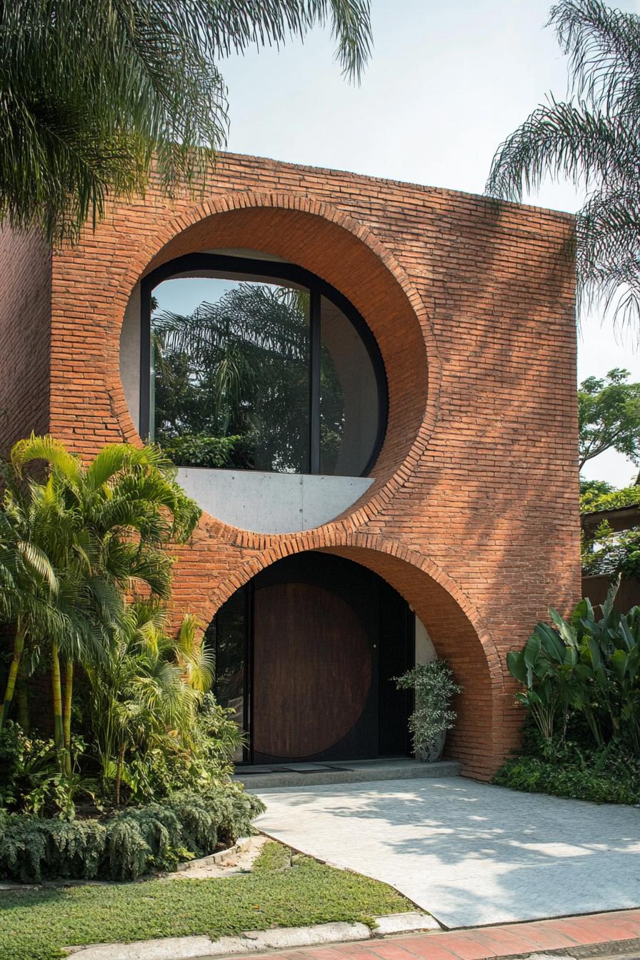 geometric house facade with spiral shaped brick arch doorway