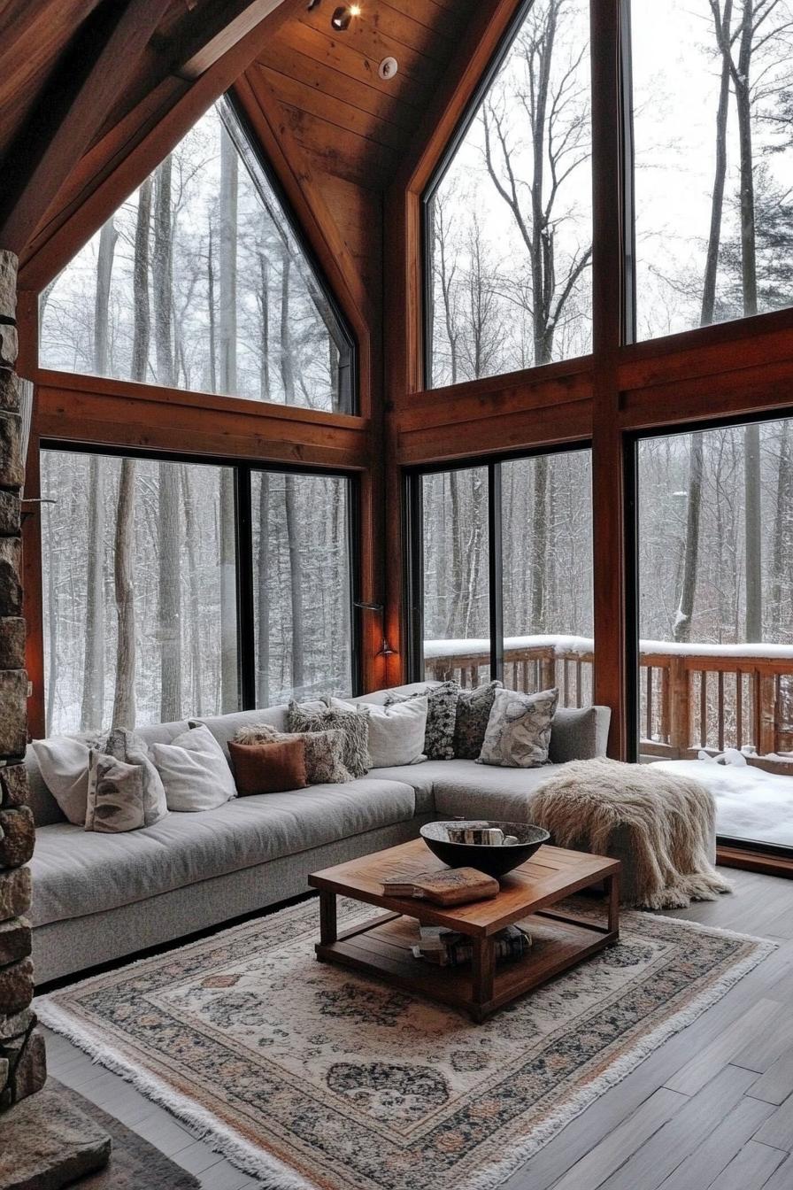 interior of a frame cabin in the woods it has full wall windows stone fireplace lofted area with railings living area with sectional sofa with 1