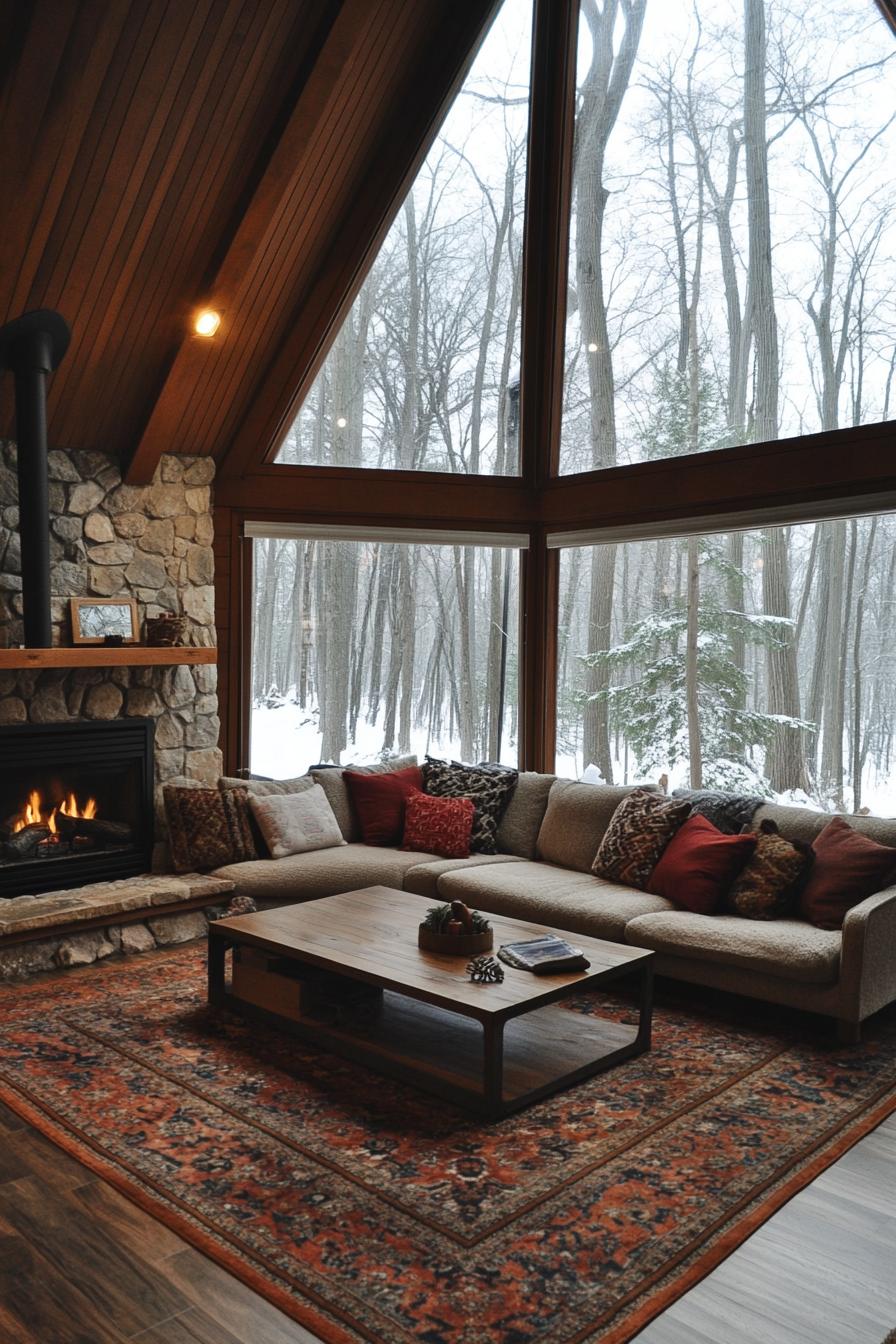 interior of a frame cabin in the woods it has full wall windows stone fireplace lofted area with railings living area with sectional sofa with 2