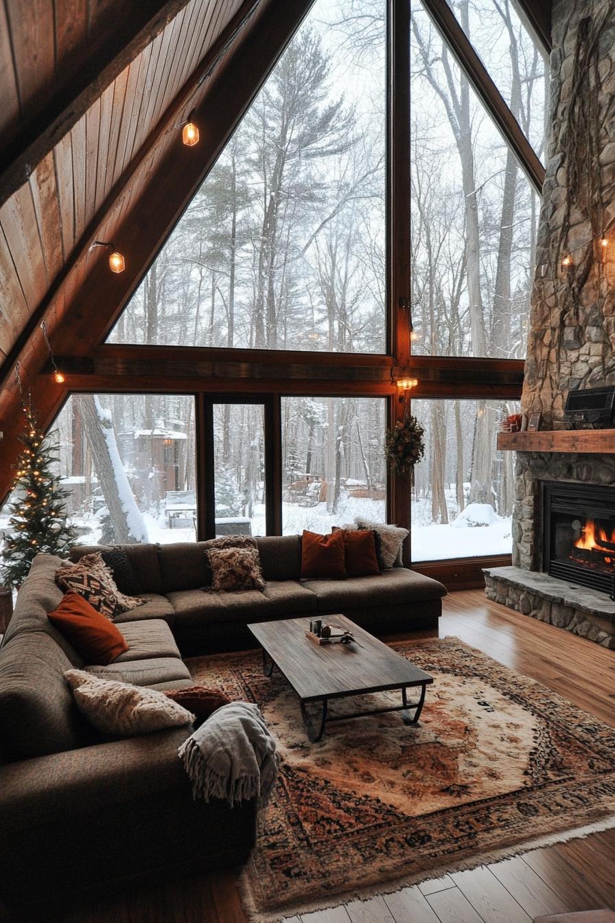 interior of a frame cabin in the woods it has full wall windows stone fireplace lofted area with railings living area with sectional sofa with