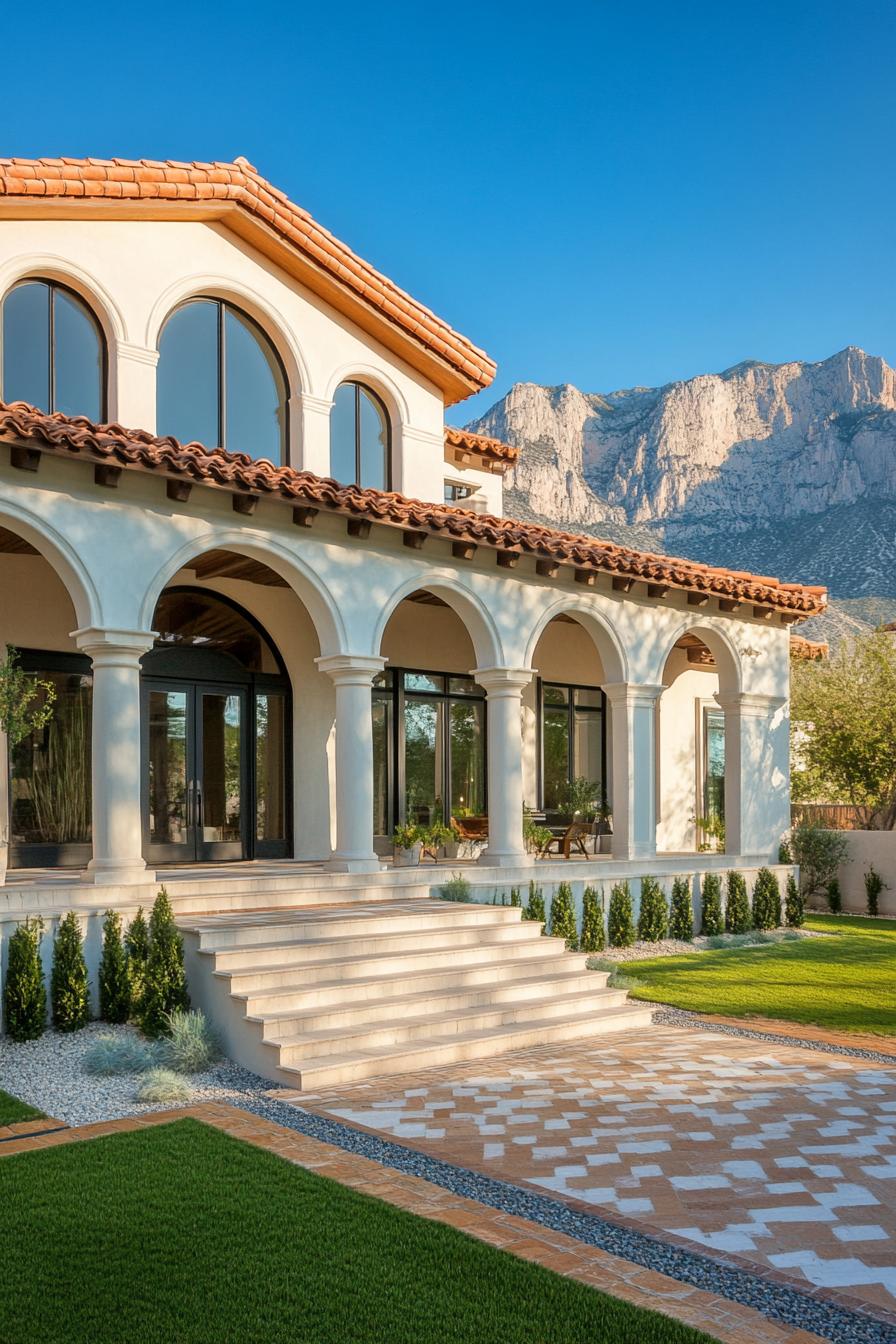 mediterranean village house with stucco siding large porch with round columns terracotta roof modern arched windows accent color front steps 1