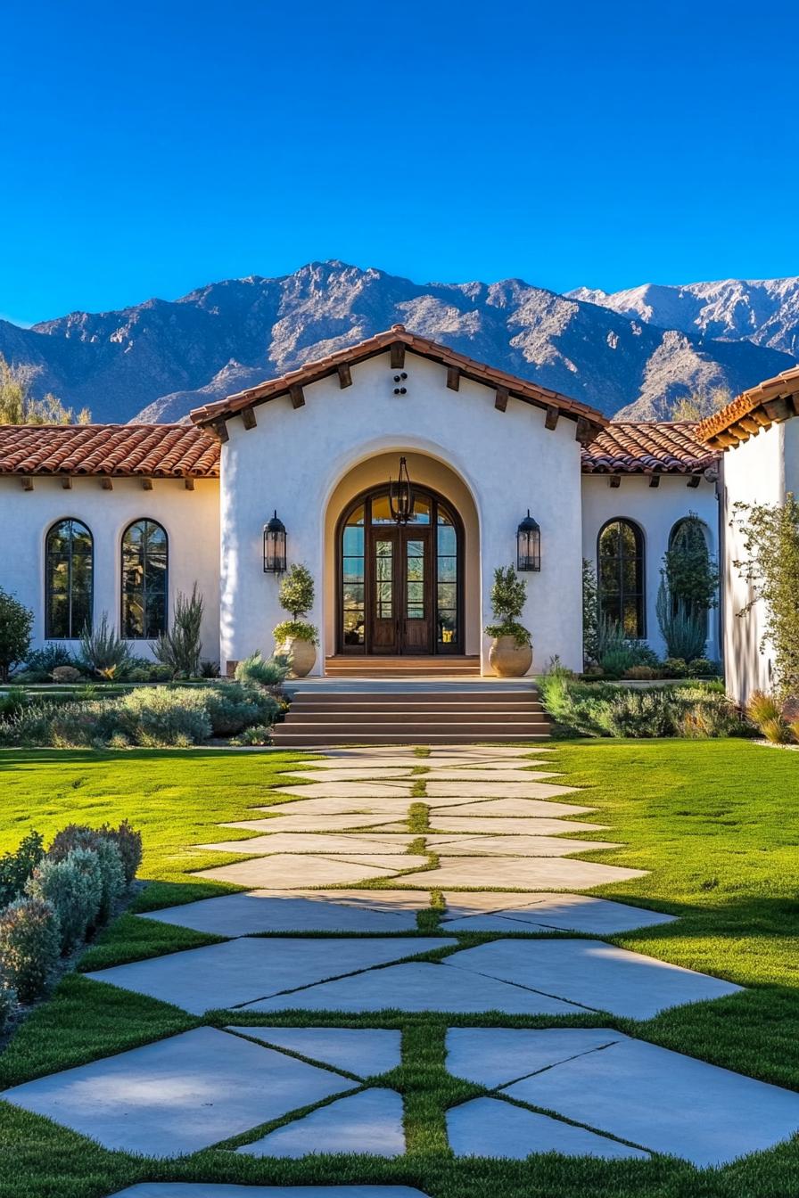 mediterranean village house with stucco siding large porch with round columns terracotta roof modern arched windows accent color front steps 2