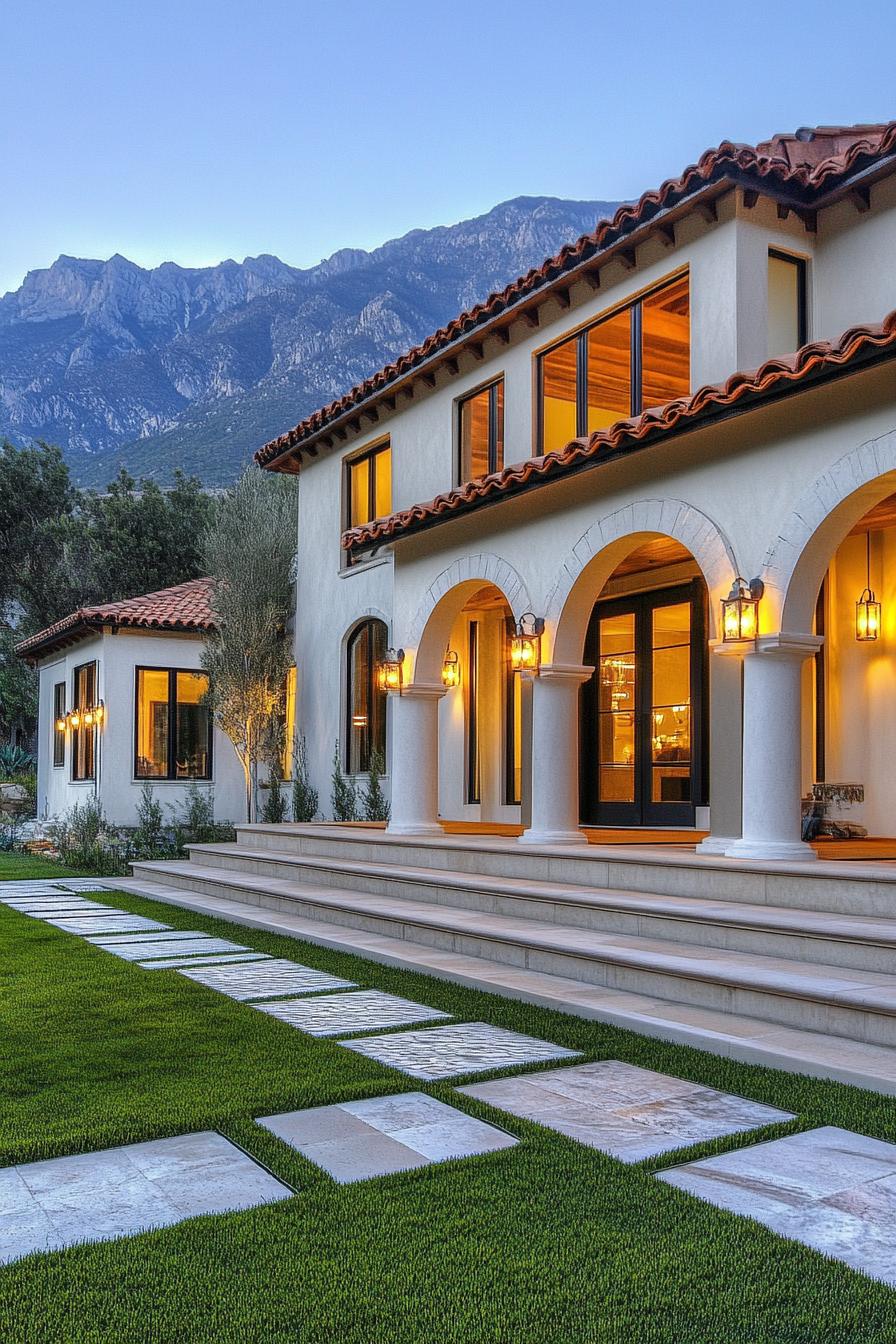 mediterranean village house with stucco siding large porch with round columns terracotta roof modern arched windows accent color front steps