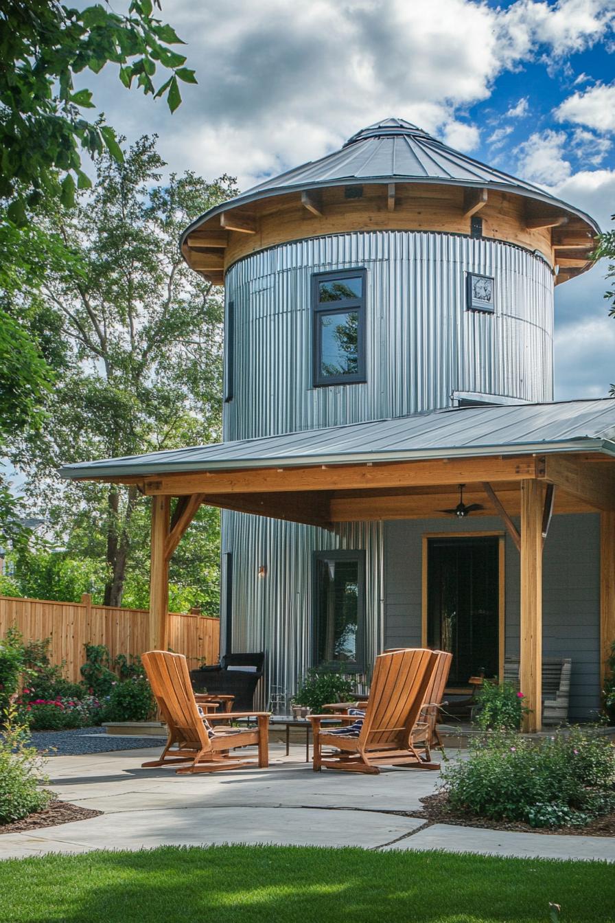 metal grain silo converted into a home with wooden porch with gable roof and column posts outdoor chairs paved yard and lawn with shrubs 1