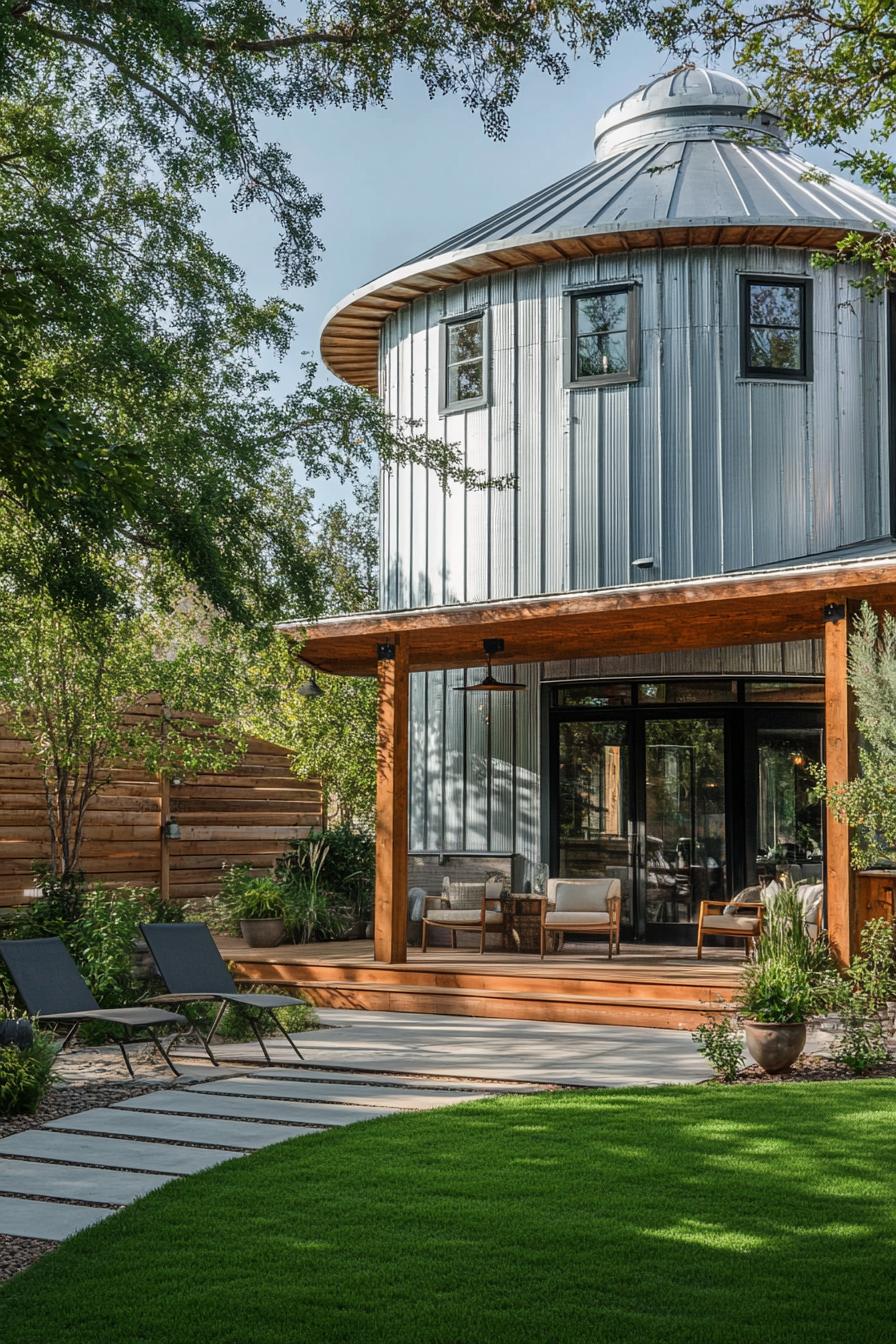 metal grain silo converted into a home with wooden porch with gable roof and column posts outdoor chairs paved yard and lawn with shrubs 2