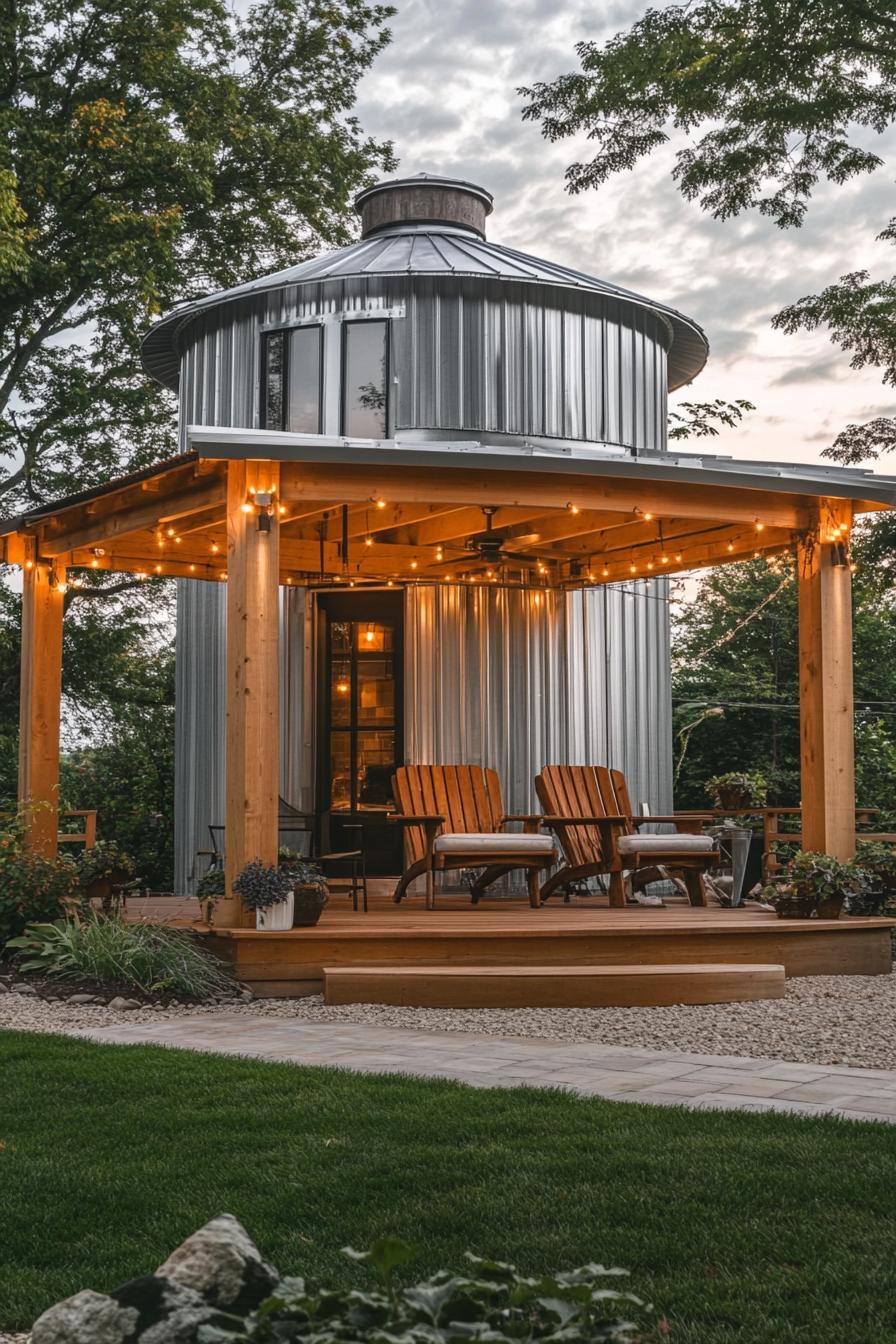 metal grain silo converted into a home with wooden porch with gable roof and column posts outdoor chairs paved yard and lawn with shrubs