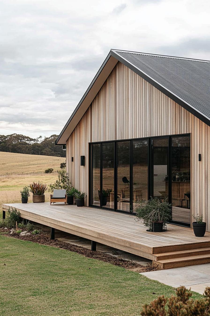 Wooden Scandinavian house with large glass doors and a deck