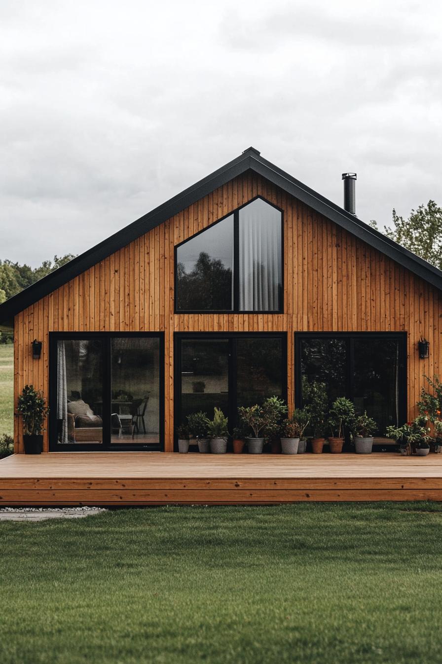 Wooden house facade with large windows and potted plants