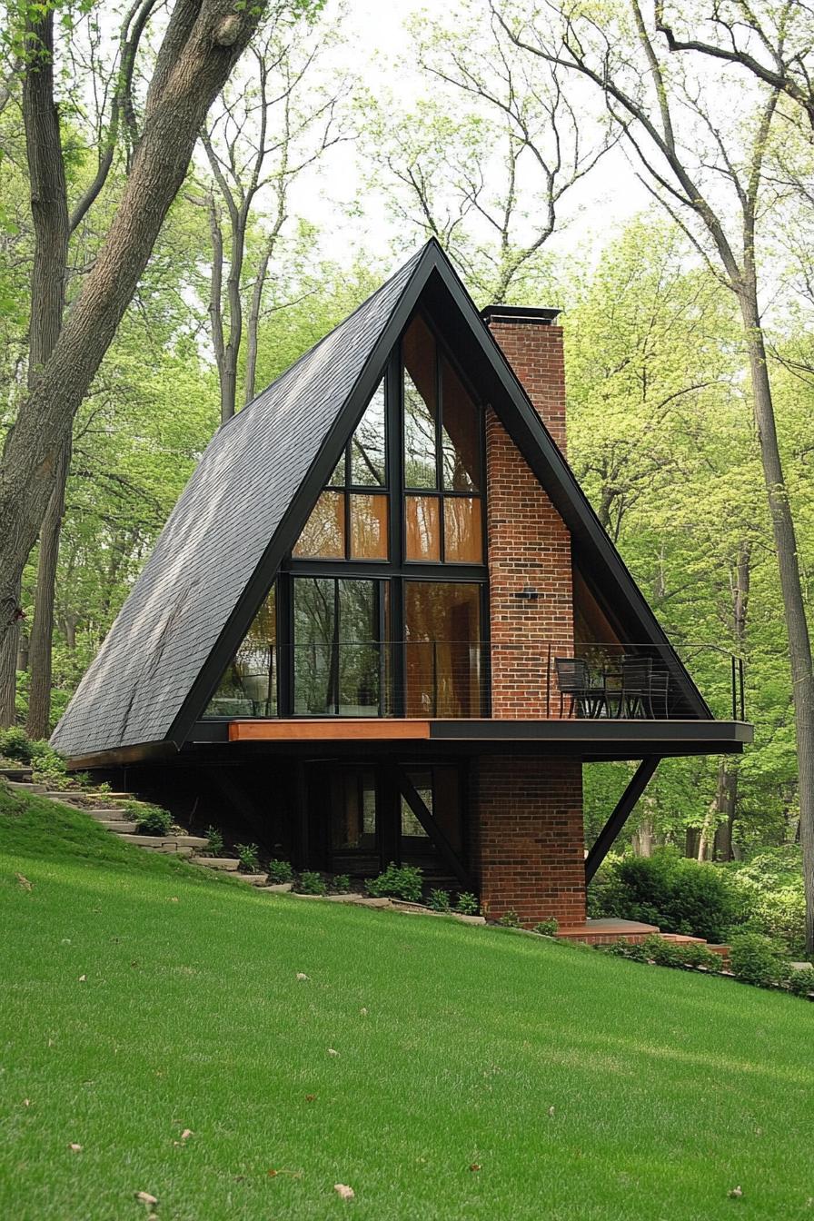 modern a frame cabin house on a hill slope supported on brick columns it has geometric a frame roof a terrace modern windows the slope is green