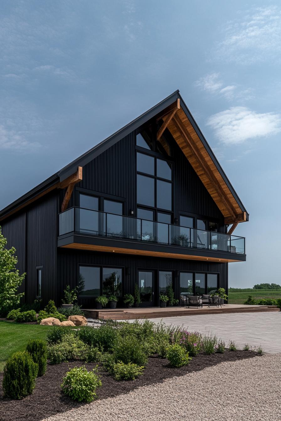 Contemporary barn-style house with large glass windows and a landscaped garden