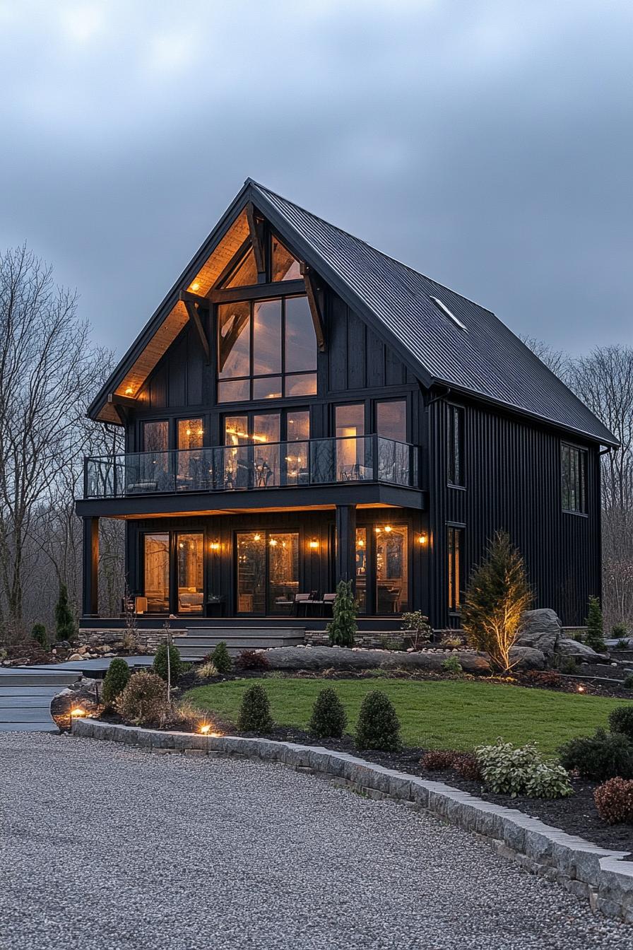 Modern barn house with large glass windows and warm interior lighting