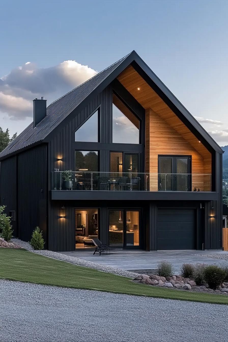 Modern barn house with angular roof and glass balcony