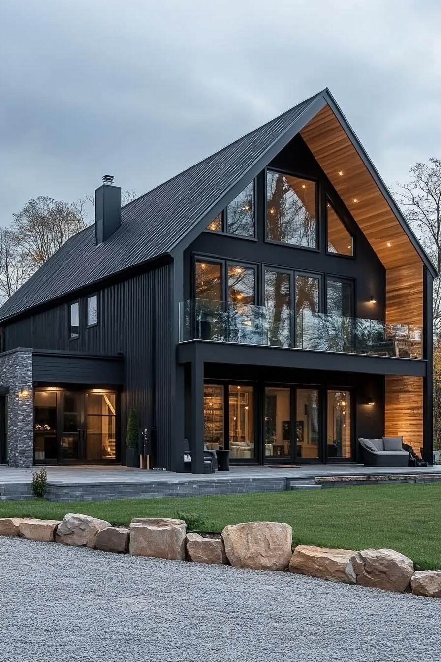 Modern barn house with large windows and sleek black exterior