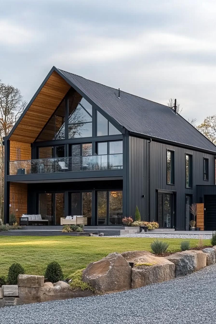 Modern barn house with large glass windows and manicured lawn