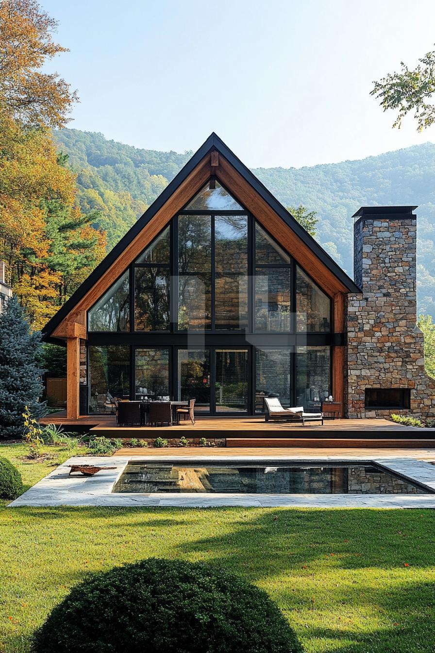 Modern A-frame house with large glass windows and stone chimney