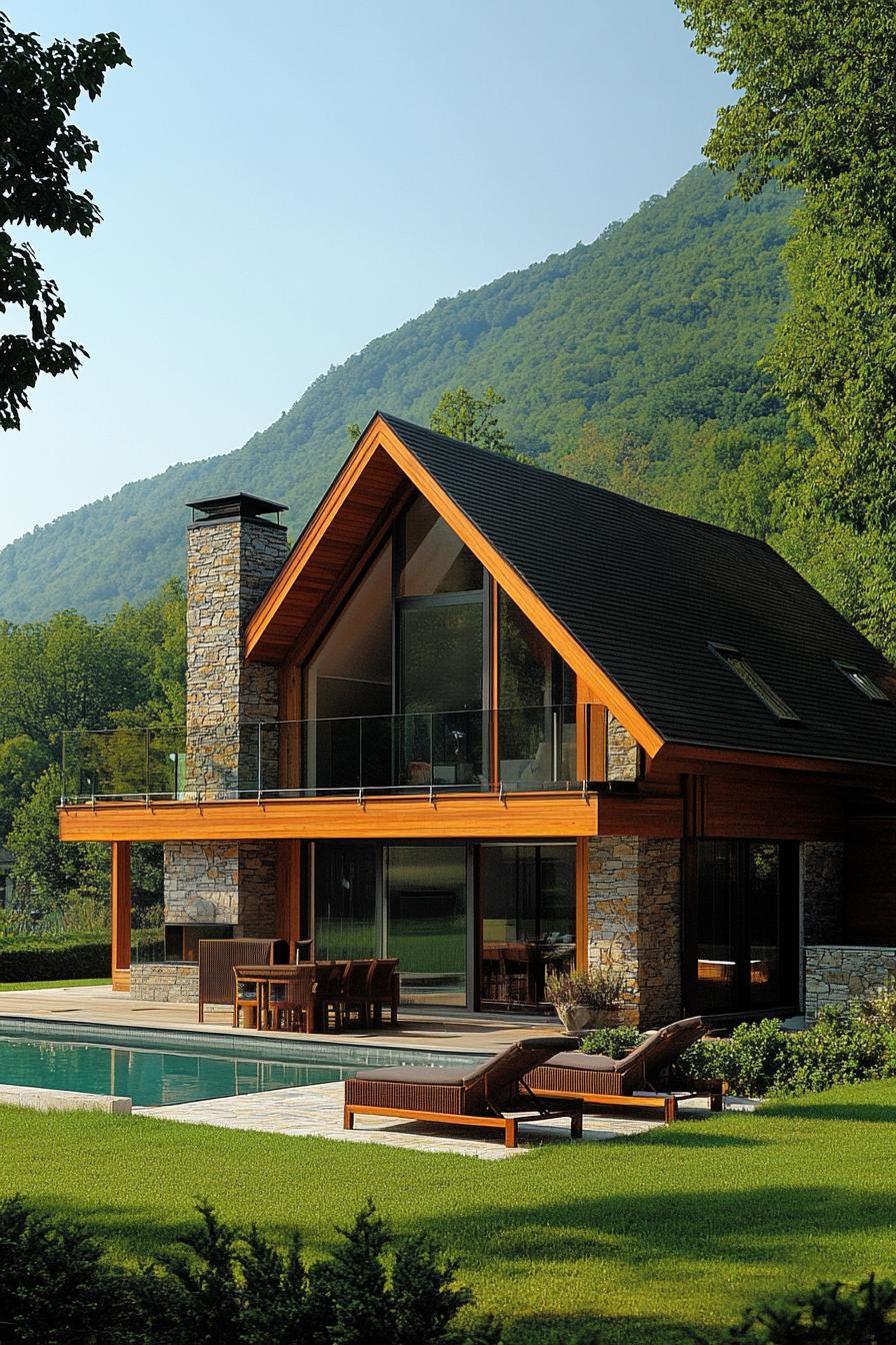 Cozy A-frame with stone chimney surrounded by lush greenery