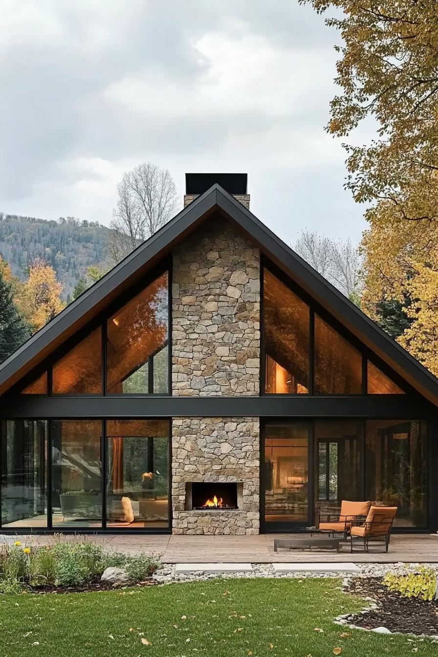 Charming rustic A-frame house with stone fireplace