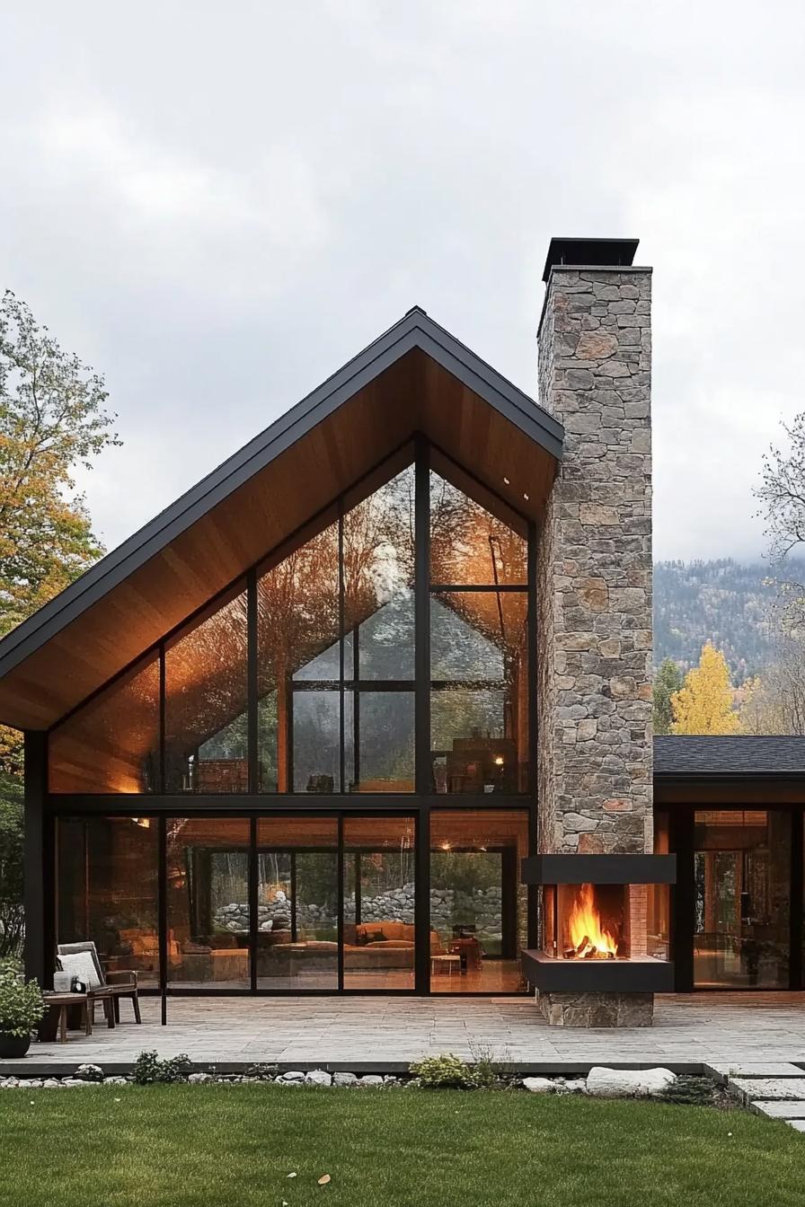 A-Frame house with stone fireplace and large windows