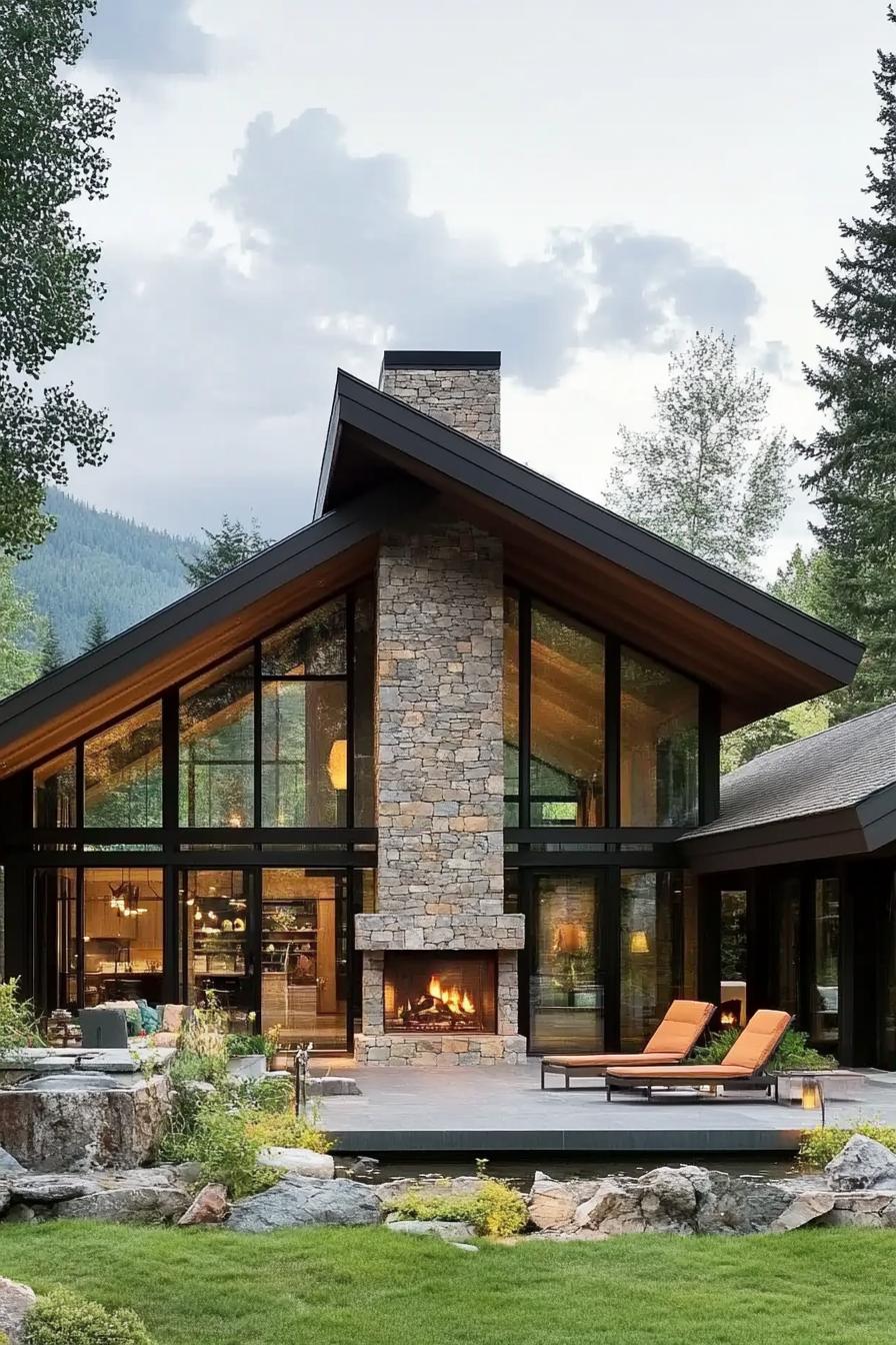 Modern house with large windows and a stone fireplace