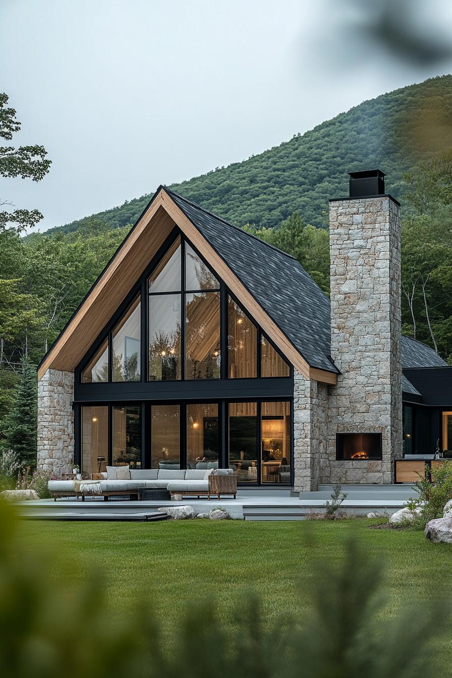 A-frame house with stone chimney and glass facade