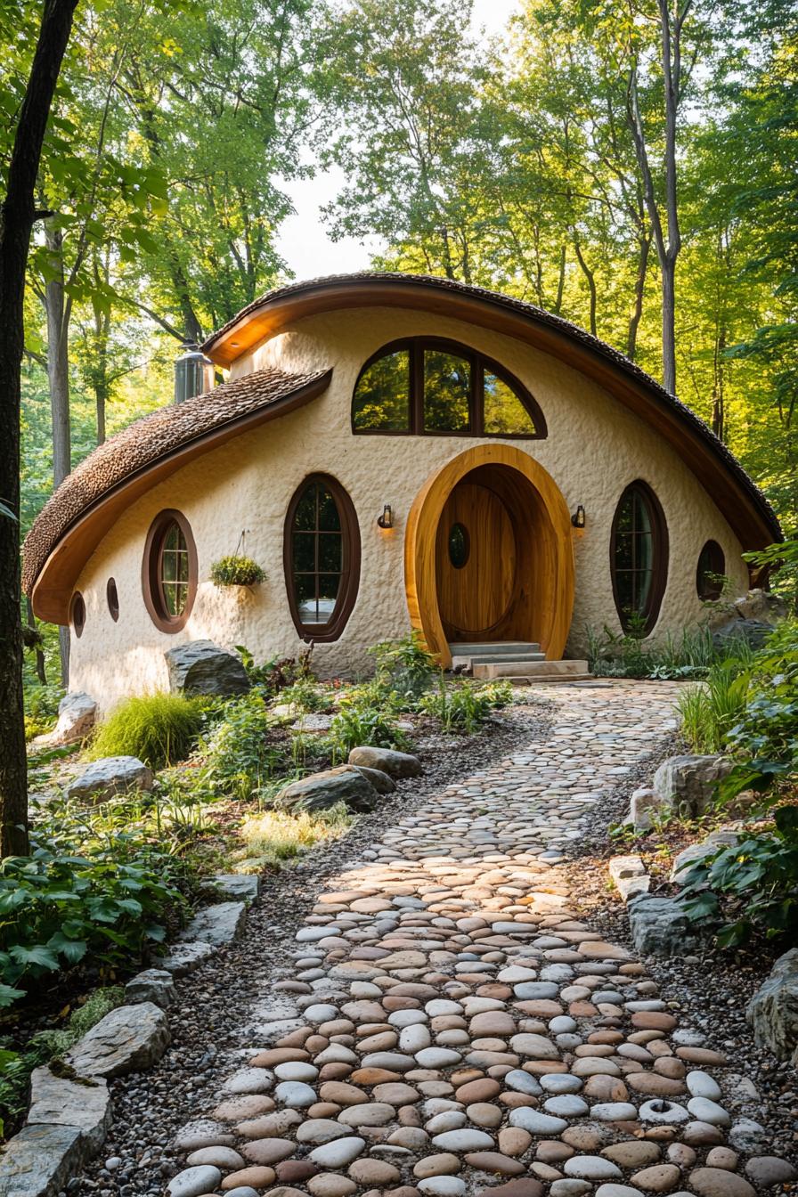 modern cob house with curved facade and round windows arched doors pebble mosaic facade curved wood plank roof front yard with cobblestone path 1