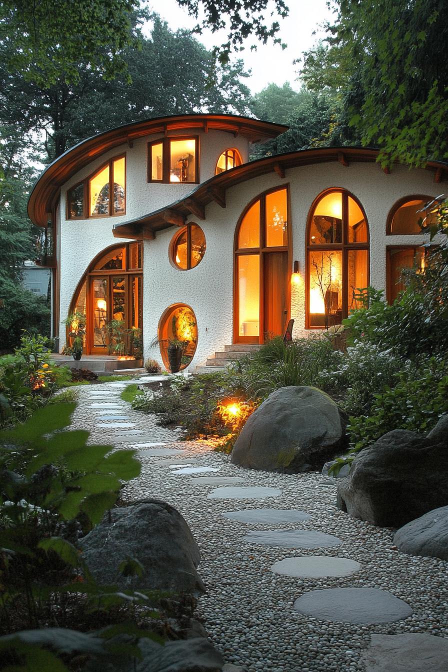 modern cob house with curved facade and round windows arched doors pebble mosaic facade curved wood plank roof front yard with cobblestone path 2