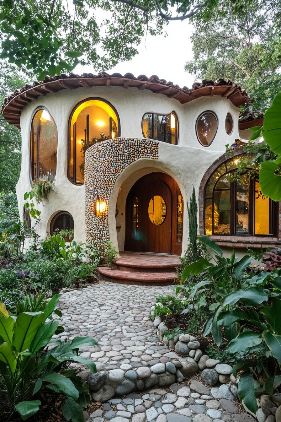 modern cob house with curved facade and round windows arched doors pebble mosaic facade curved wood plank roof front yard with cobblestone path 3