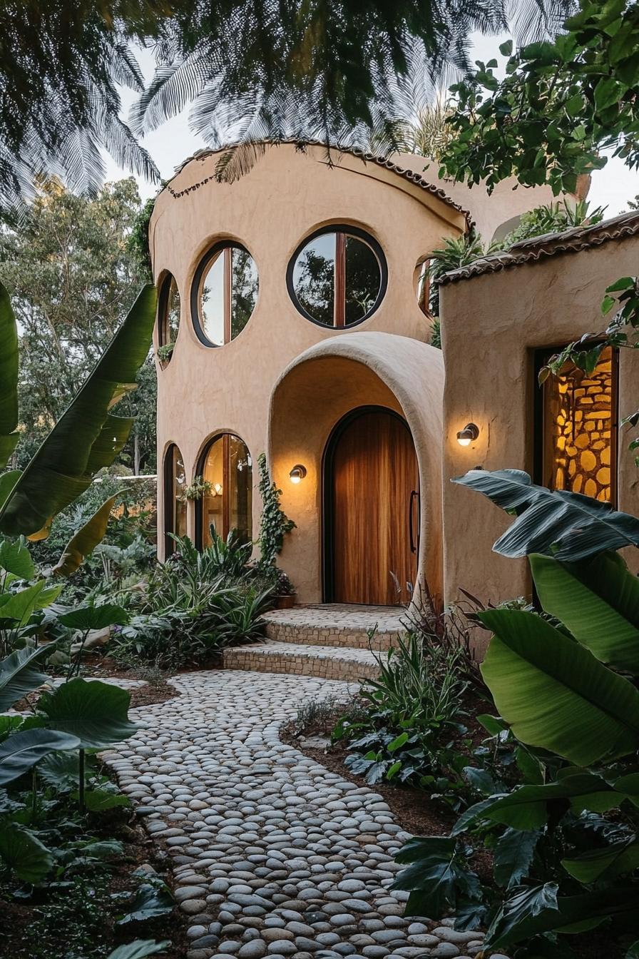 modern cob house with curved facade and round windows arched doors pebble mosaic facade curved wood plank roof front yard with cobblestone path