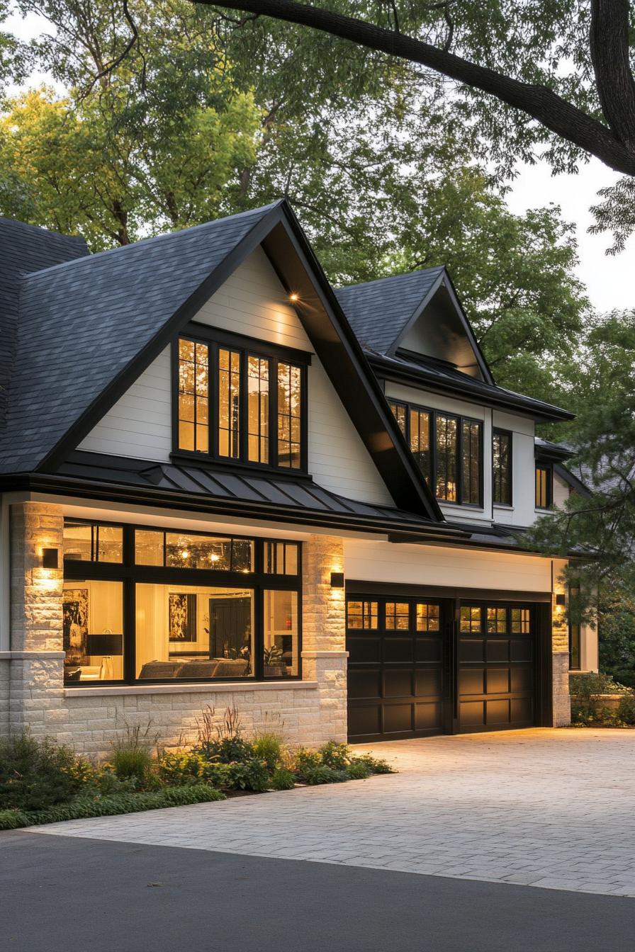 modern cottage house with white siding stone brick foundation black trim black multi pitched roof modern windows with black and white trim large 1