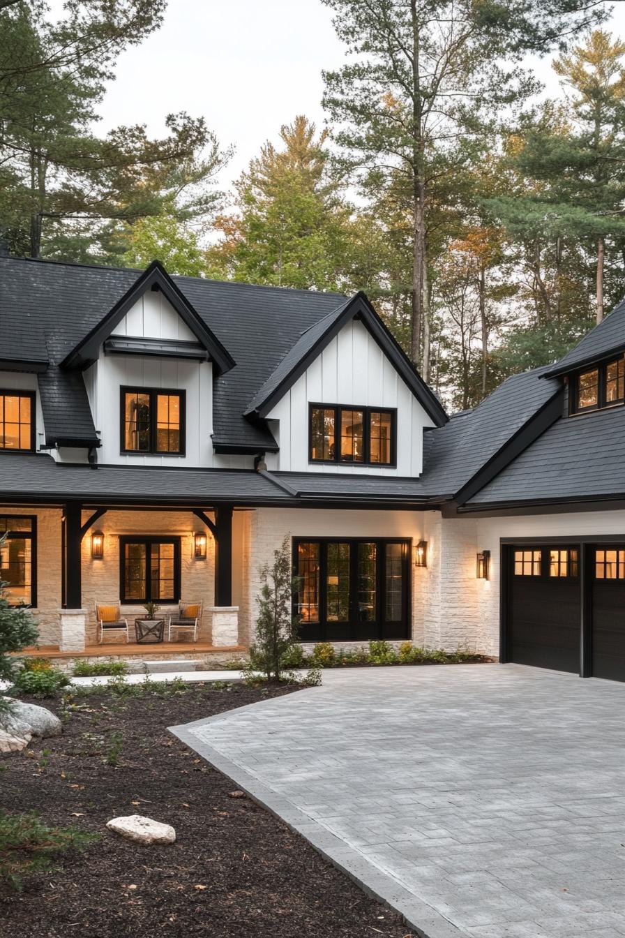 modern cottage house with white siding stone brick foundation black trim black multi pitched roof modern windows with black and white trim large 2