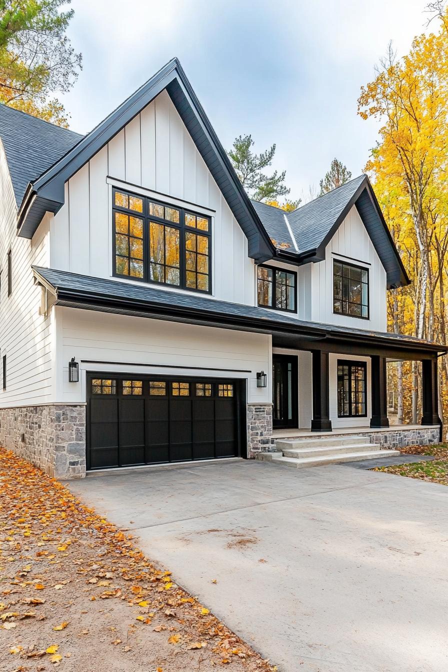 modern cottage house with white siding stone brick foundation black trim black multi pitched roof modern windows with black and white trim large 3