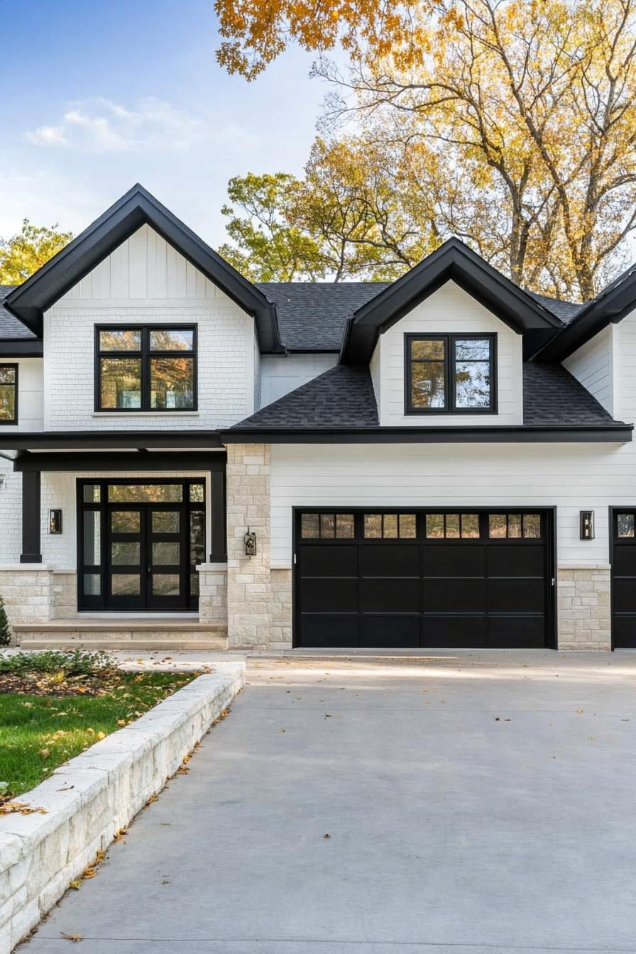 modern cottage house with white siding stone brick foundation black trim black multi pitched roof modern windows with black and white trim large