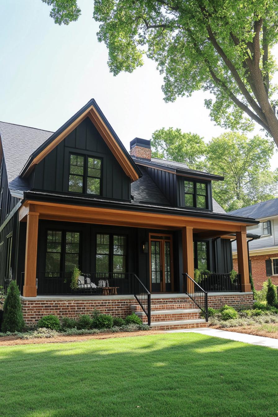 modern cottage with blakc horizontal siding natural wood details and exposed beams porch with brick foundation and black railings gabled multi 1