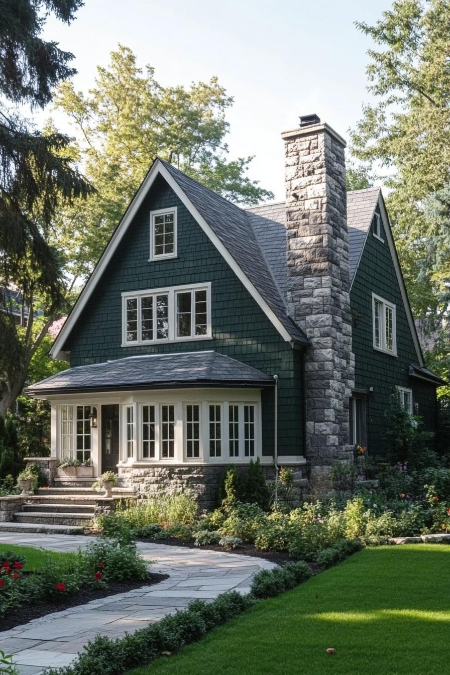 modern cottage with forest green clapboard siding stone foundation stone grey multi pitched roof chimney white large windows with mouldings 1