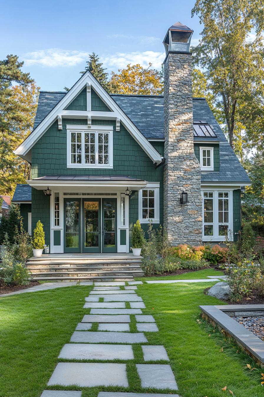 modern cottage with forest green clapboard siding stone foundation stone grey multi pitched roof chimney white large windows with mouldings