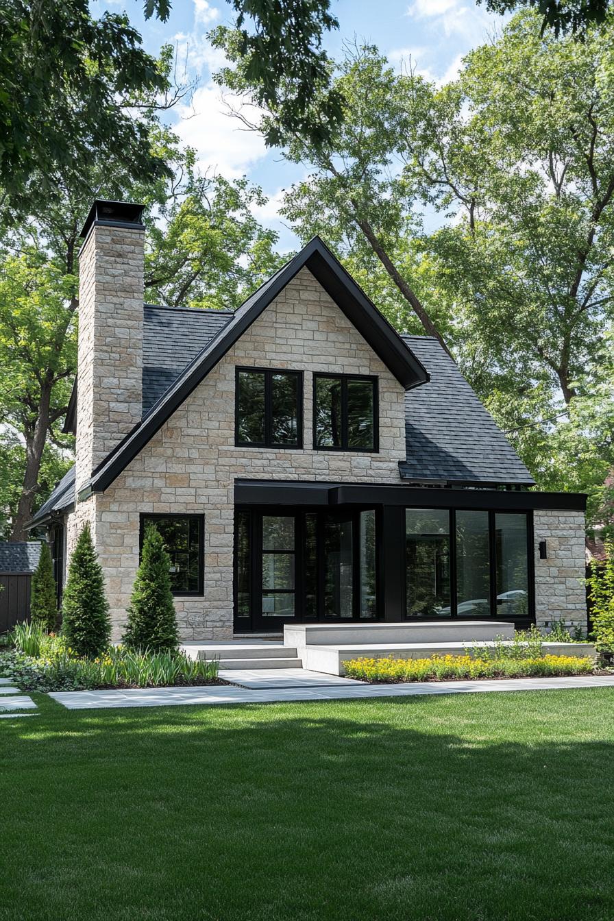 modern european cottage house with stone siding chimney multi pitched gabled roof with slate tile modern windows with black trim vines on facade 1