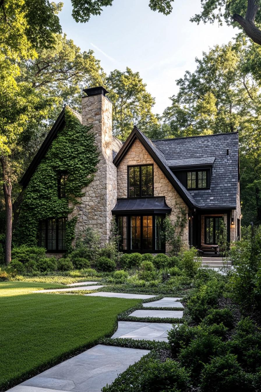 modern european cottage house with stone siding chimney multi pitched gabled roof with slate tile modern windows with black trim vines on facade 2